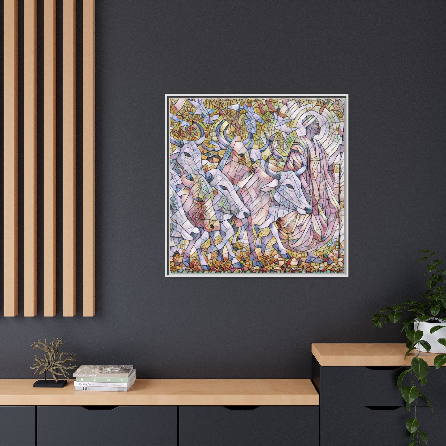 Framed Matte Canvas Art — Stained-Glass Style Cattle Herd