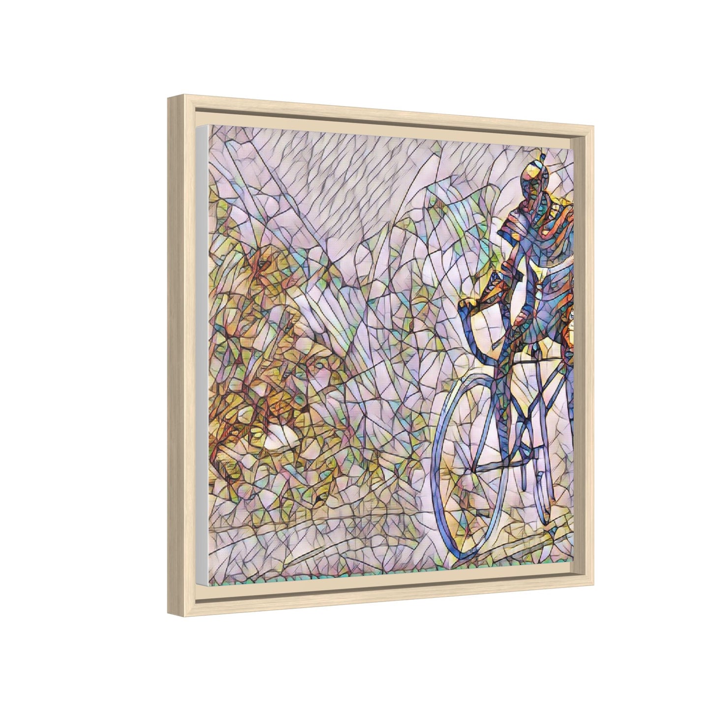 Colorful Cyclist Stained-Glass Art — Framed Matte Canvas