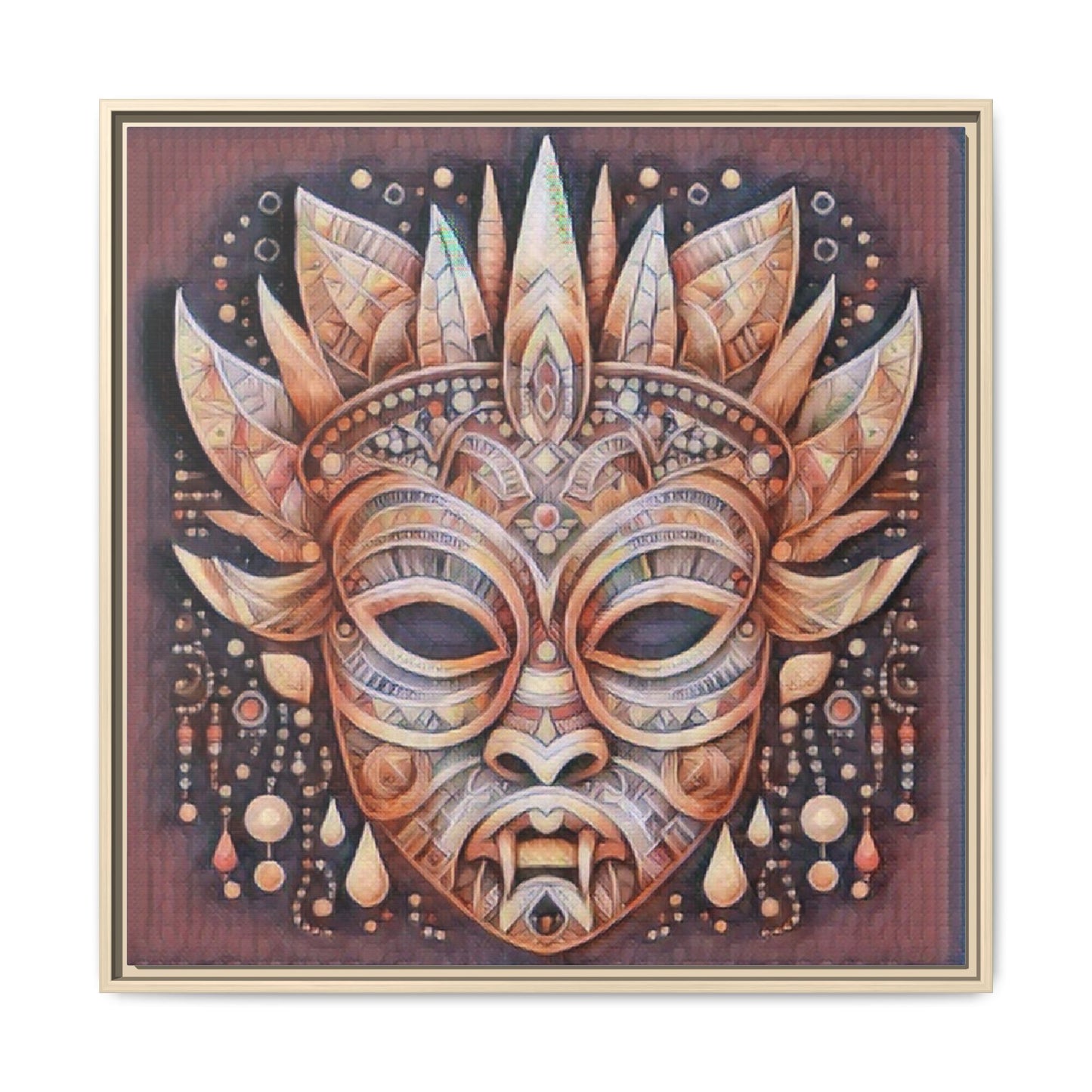 Tribal Sun Mask Framed Canvas Art — Boho Ethnic Wall Decor