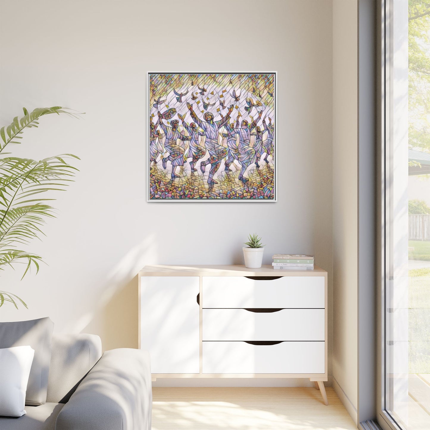 Framed Canvas Art - Joyful Dancers with Doves (Multicolor)
