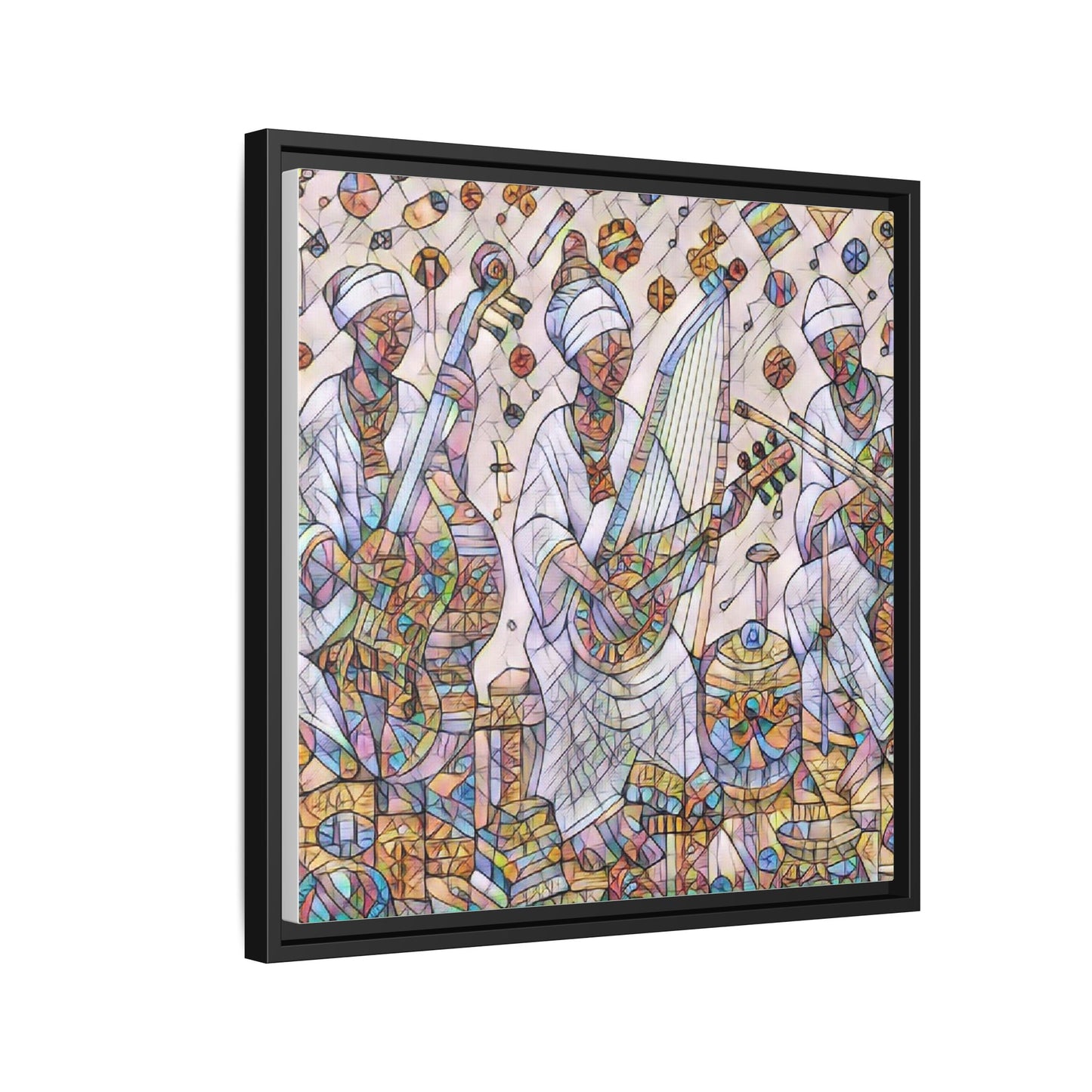 Framed Matte Canvas Print — Colorful African Musicians Stained-Glass Art