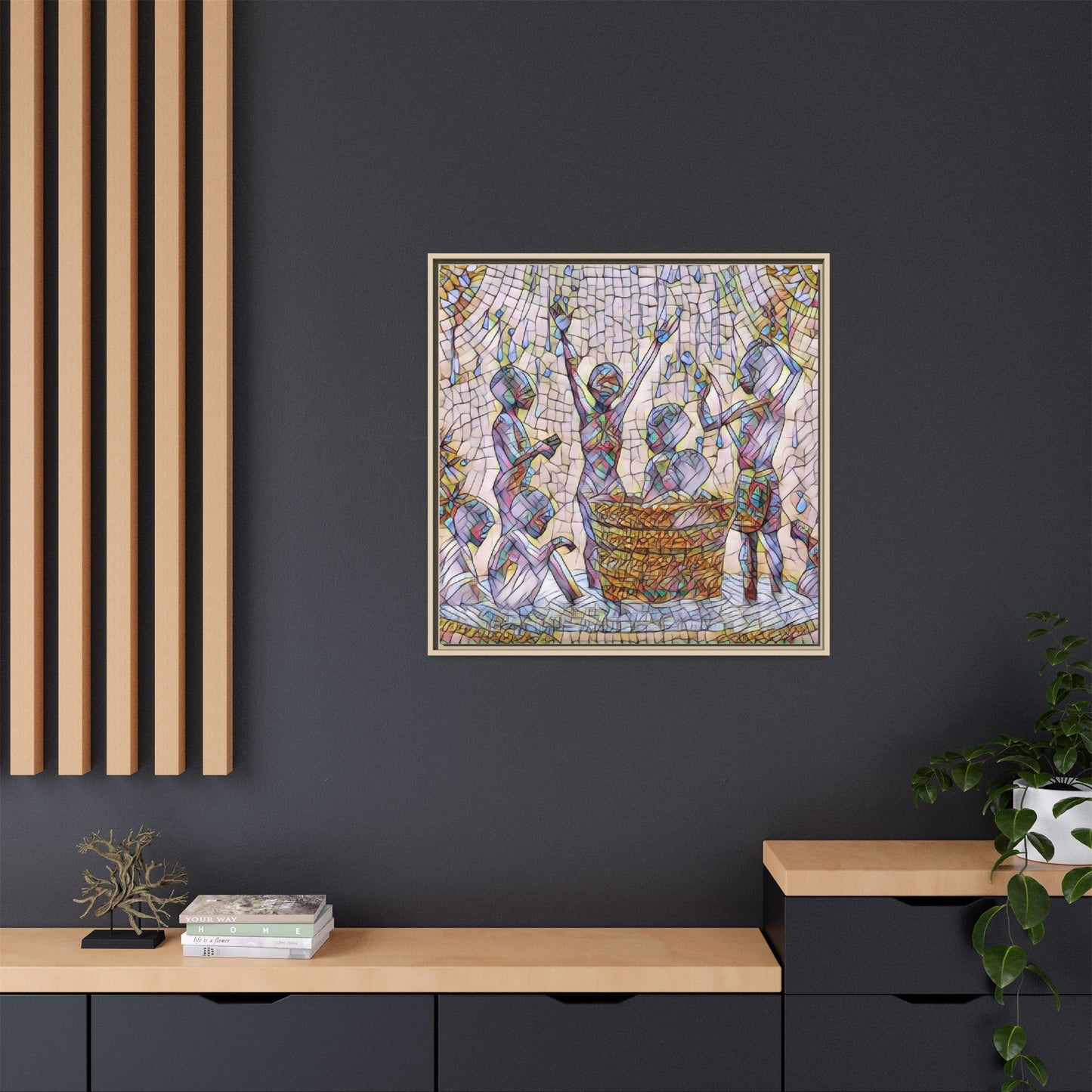 Framed Matte Canvas Art — Children Playing Mosaic Illustration