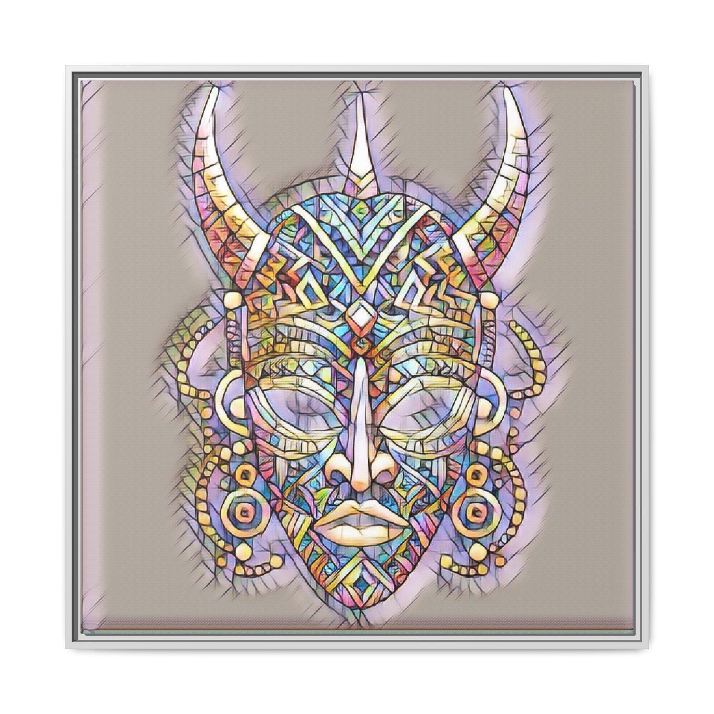 Colorful Tribal Mask Framed Canvas Art — Abstract Ethnic Wall Decor