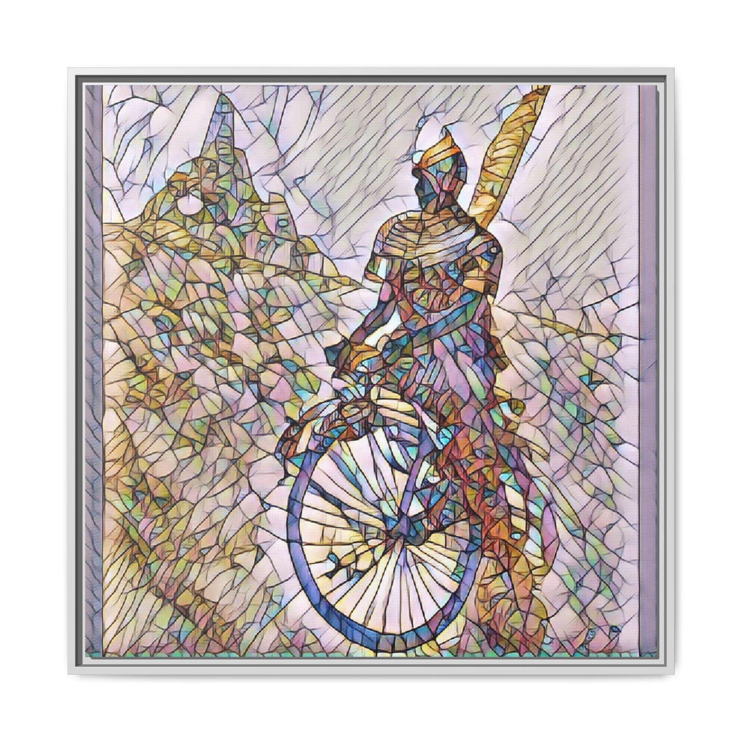 Cyclist Stained Glass Art Print — Framed Matte Canvas