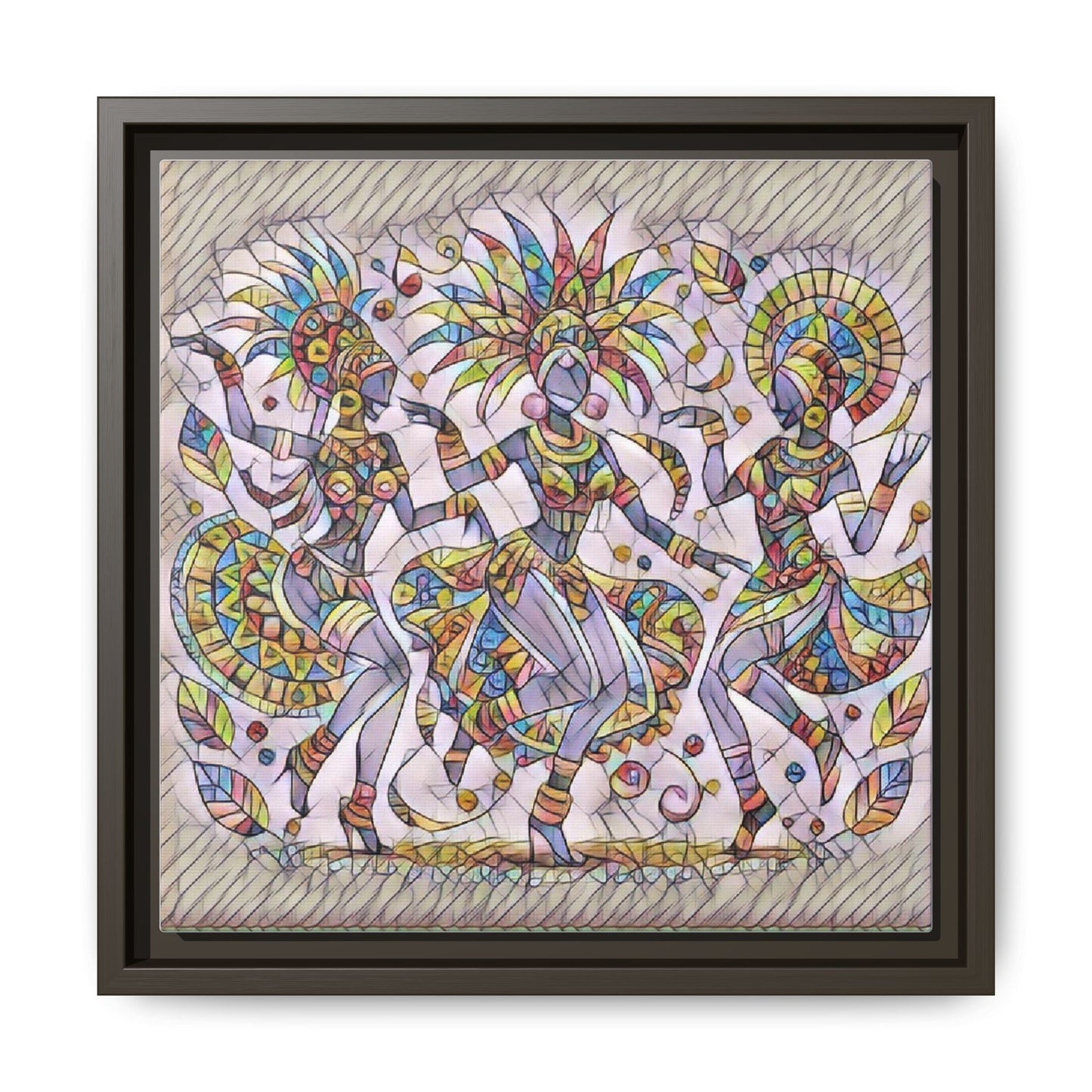 Colorful Carnival Dancers Framed Canvas Art — Multicolor Tribal Celebration Print
