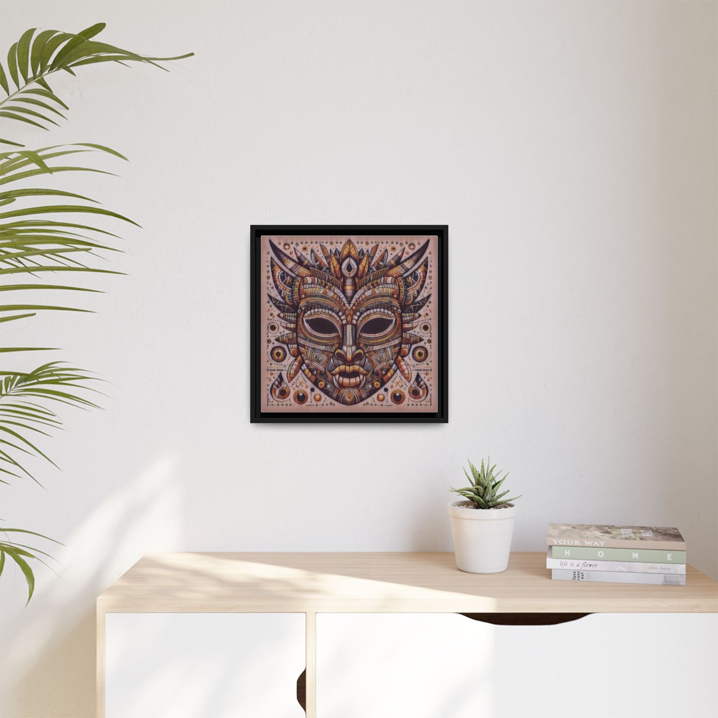 Tribal Mask Framed Canvas Art — Multicolor Matte Wall Decor