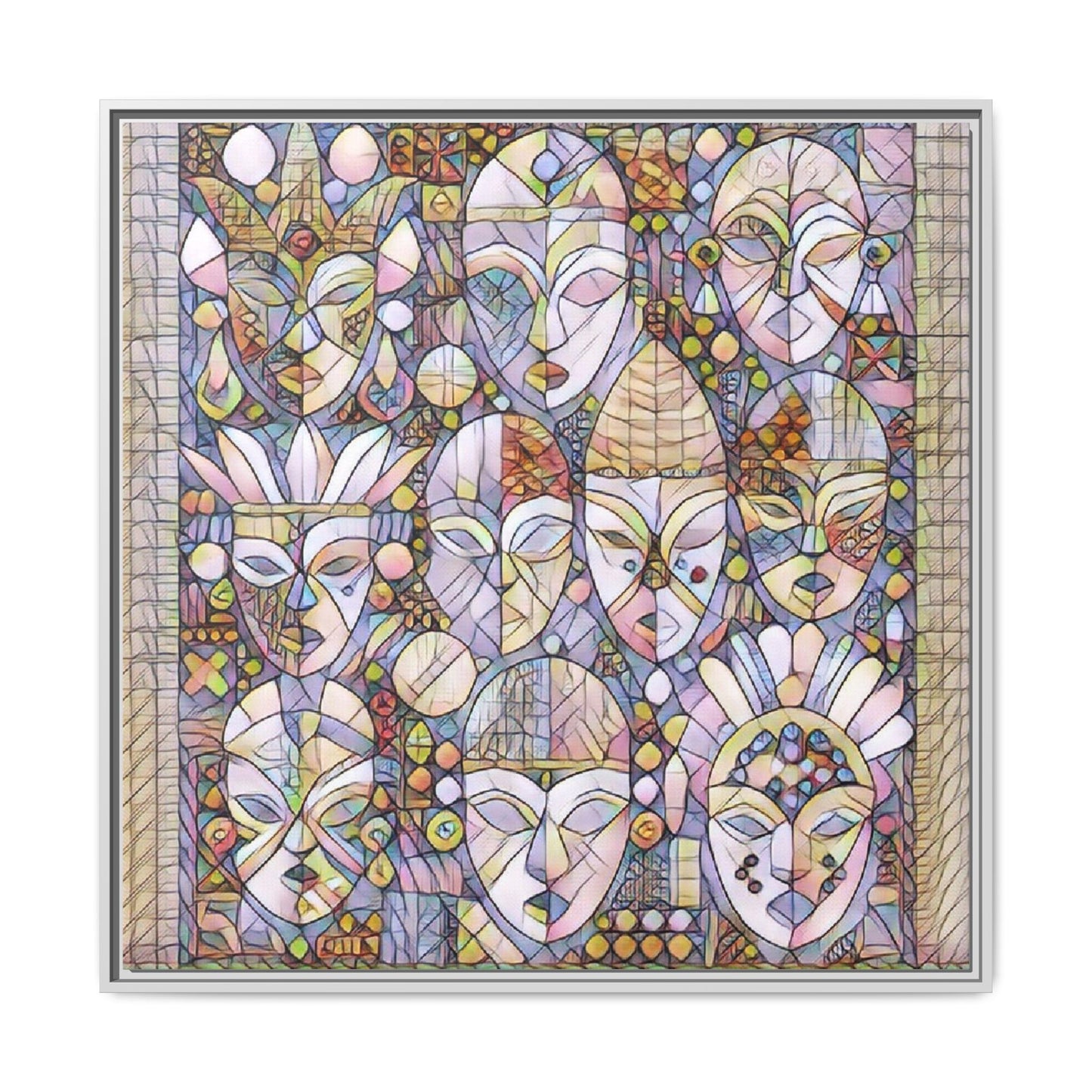Framed Abstract Mask Art Canvas — Multicolor Stained-Glass Faces Wall Decor