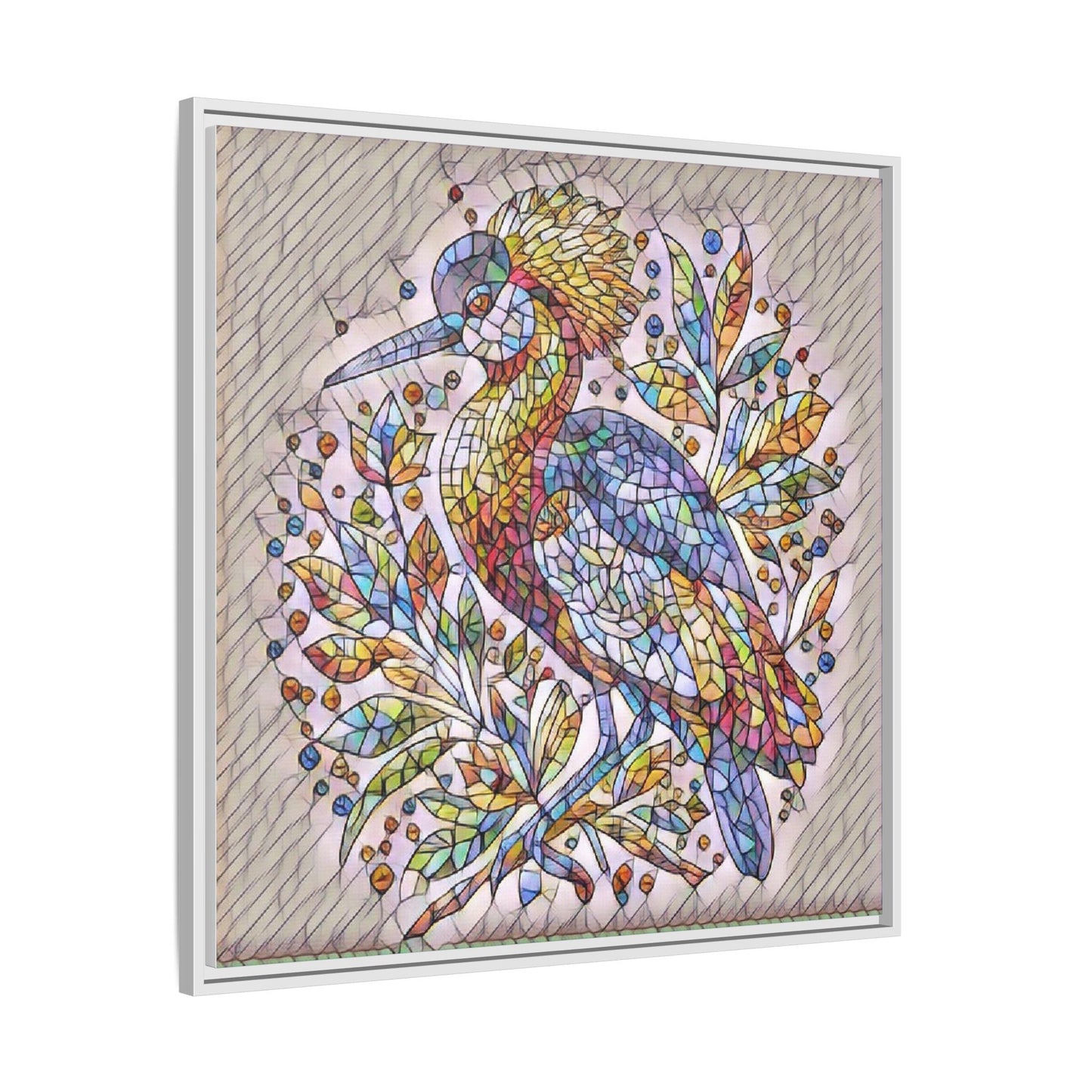 Colorful Stained-Glass Heron — Framed Matte Canvas Wall Art