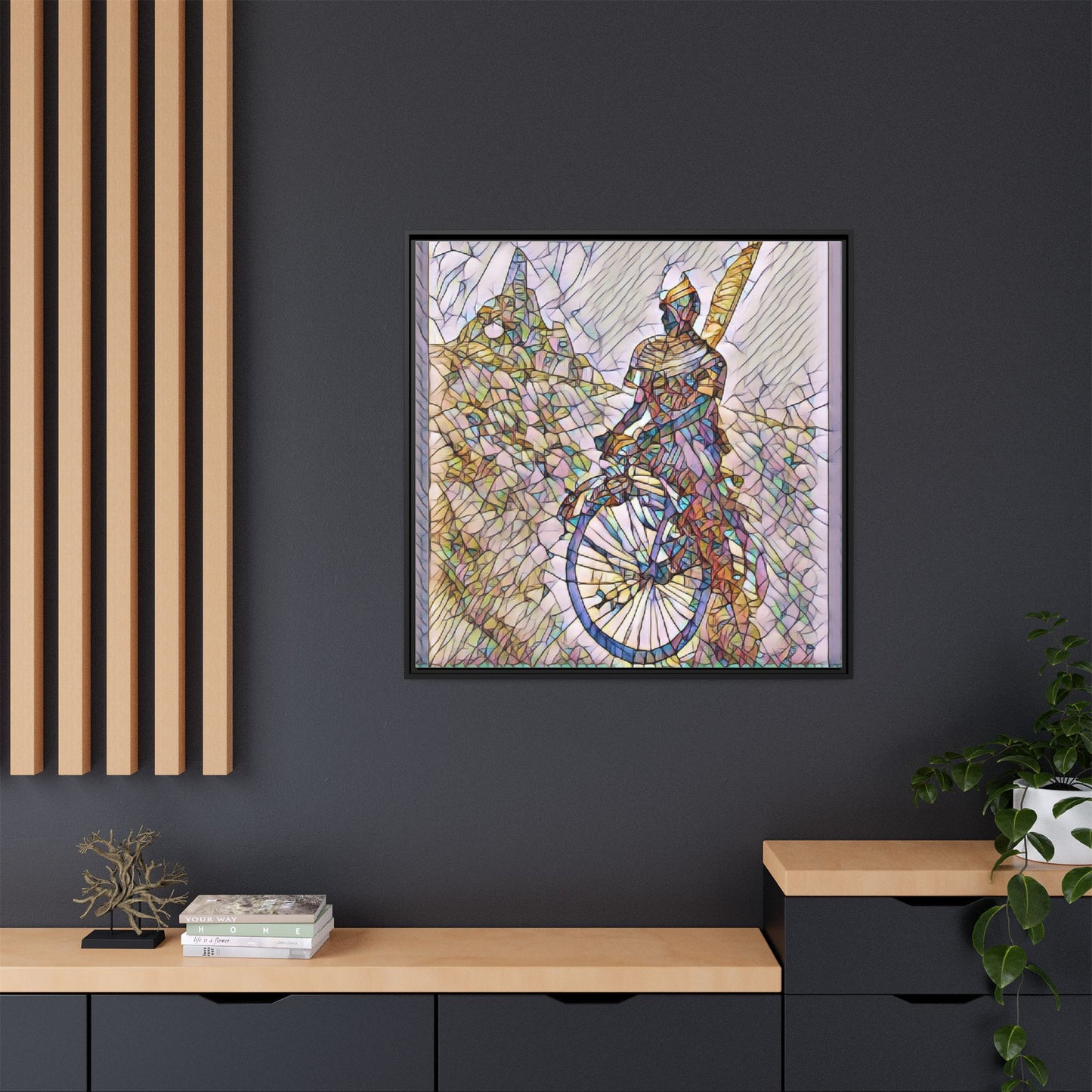 Cyclist Stained Glass Art Print — Framed Matte Canvas