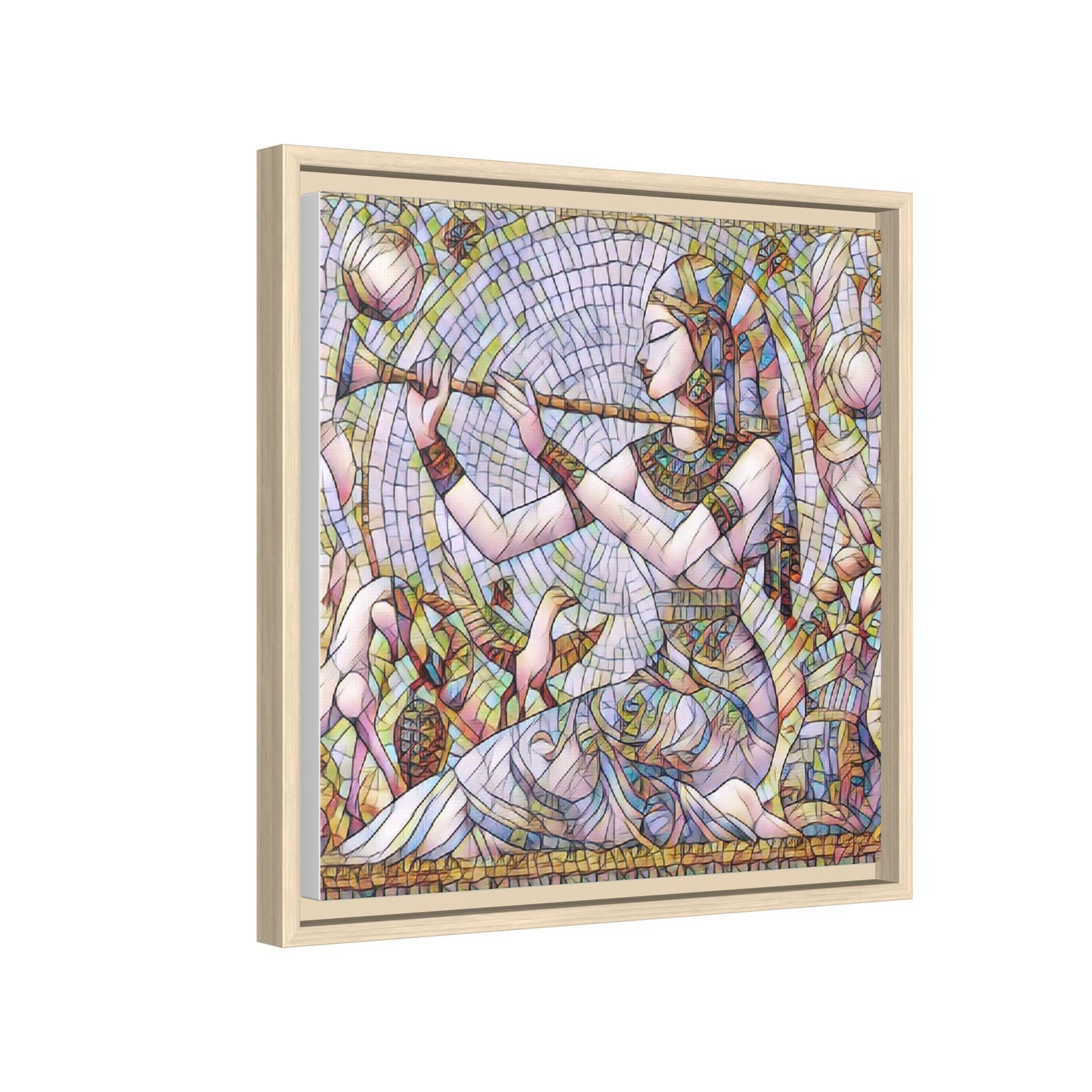 Egyptian Flute Player Framed Canvas Art — Colorful Mosaic Wall Decor