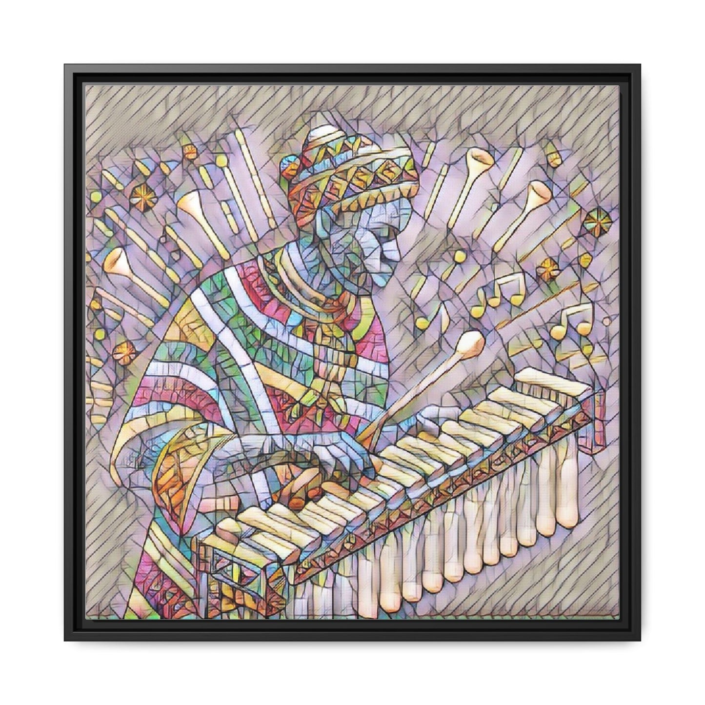 Colorful Marimba Musician Matte Framed Canvas — Vibrant African Instrument Wall Art