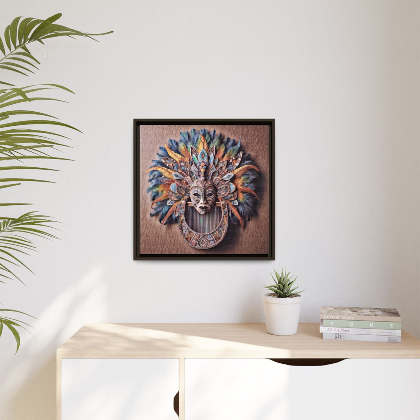 Tribal Feather Mask Framed Canvas Wall Art — Colorful Boho Decorative Print