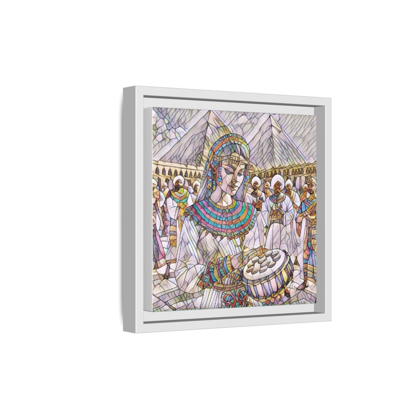Egyptian Drum Player Framed Canvas Art — Colorful Ancient Scene Wall Decor