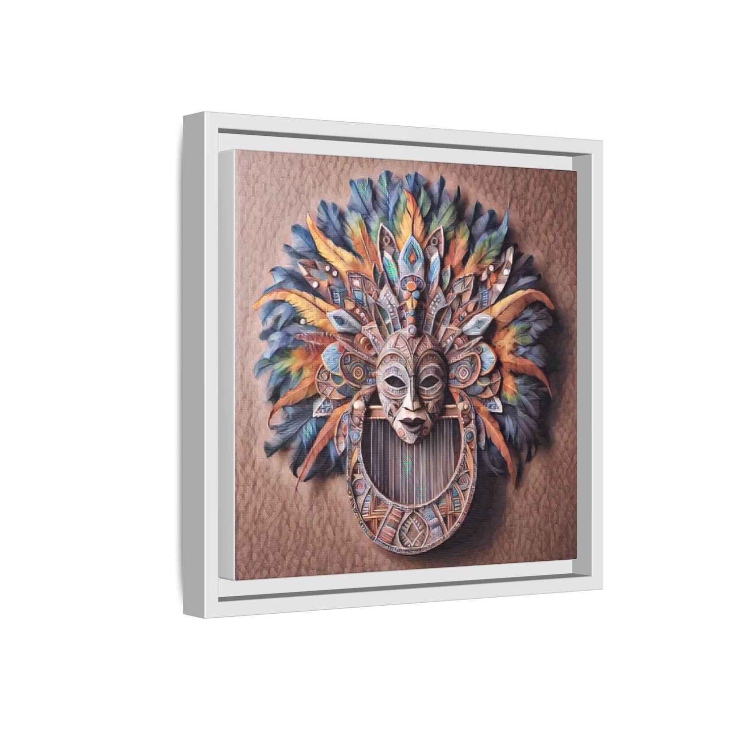 Tribal Feather Mask Framed Canvas Wall Art — Colorful Boho Decorative Print