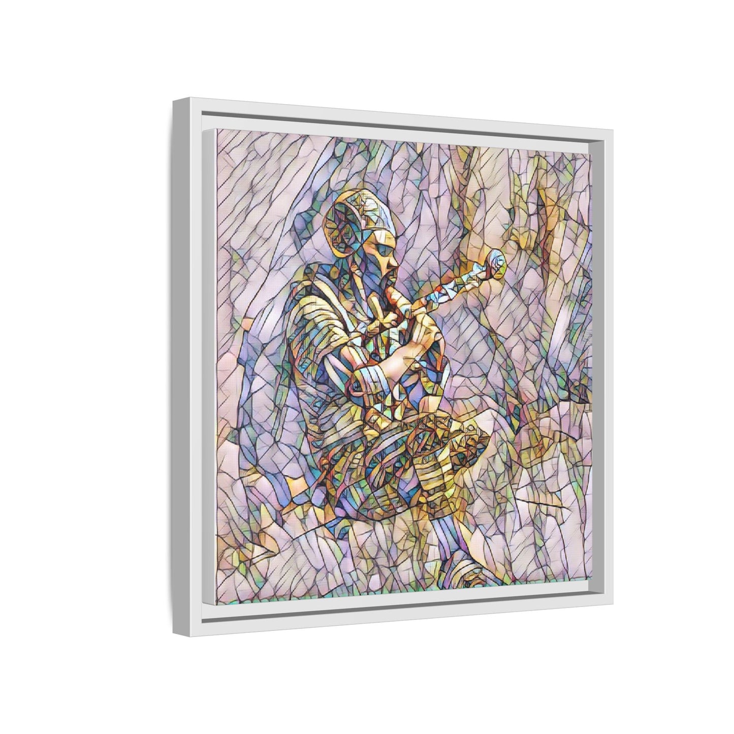 Celtic Piper Framed Matte Canvas — Stained-Glass Style Highland Bagpiper Art