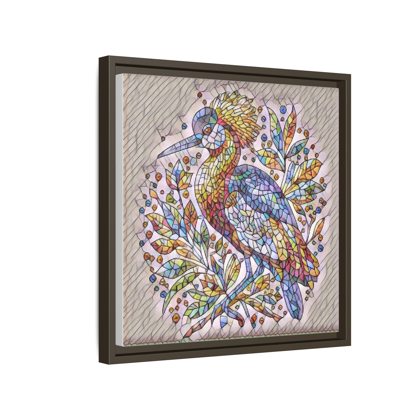 Colorful Stained-Glass Heron — Framed Matte Canvas Wall Art