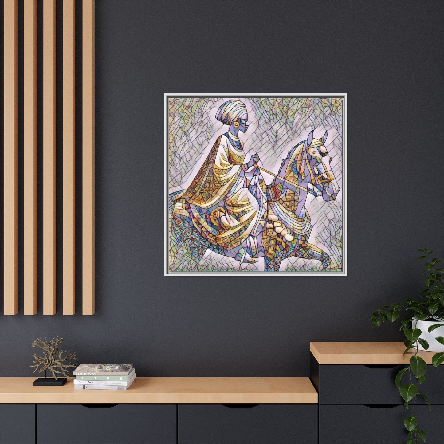 Mosaic Rider Framed Canvas Art — African Horsewoman Wall Decor