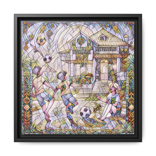 Framed Matte Canvas - Stained Glass Style Soccer Players & Cottage Art