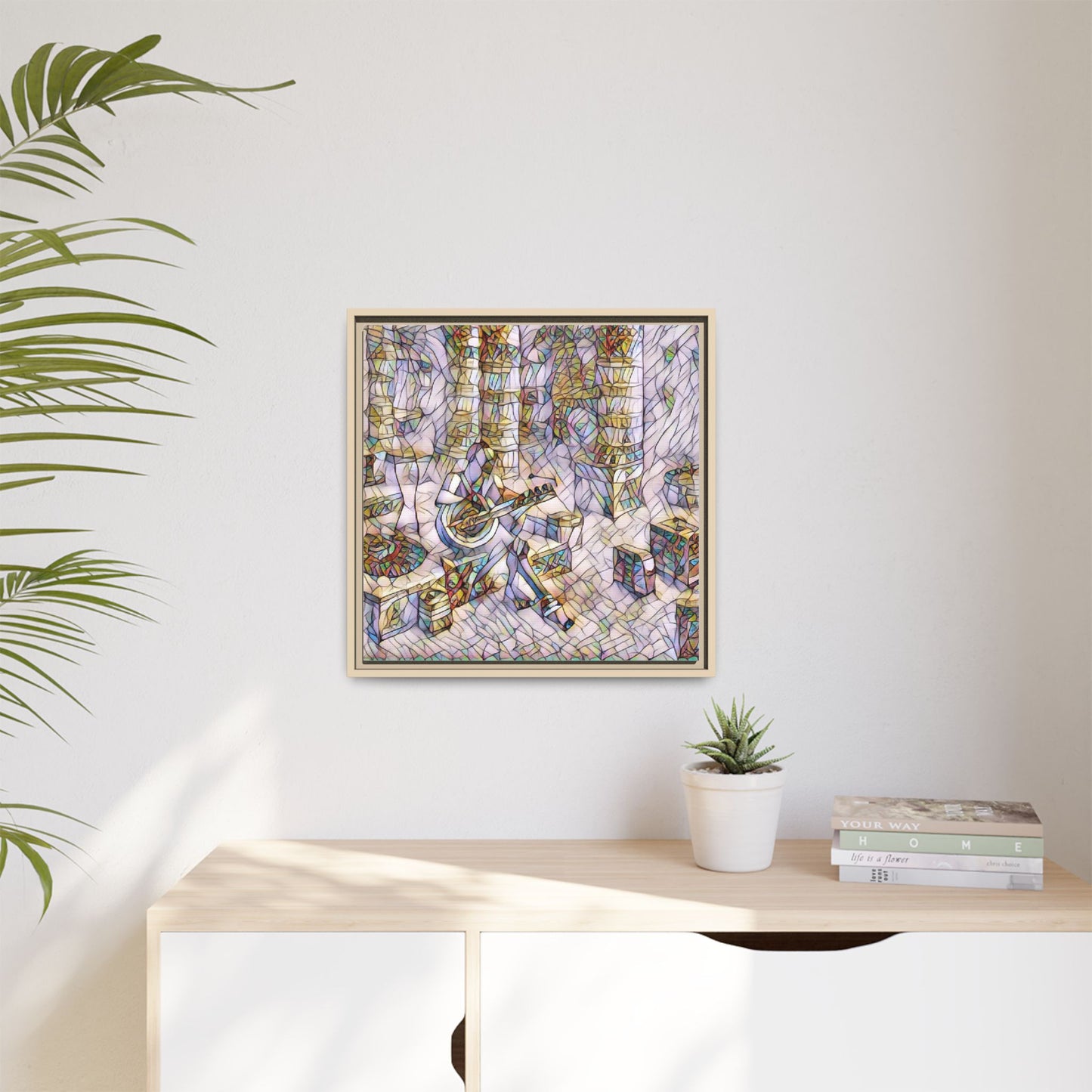 Framed Matte Canvas Art - Abstract Guitarist in Colorful Mosaic