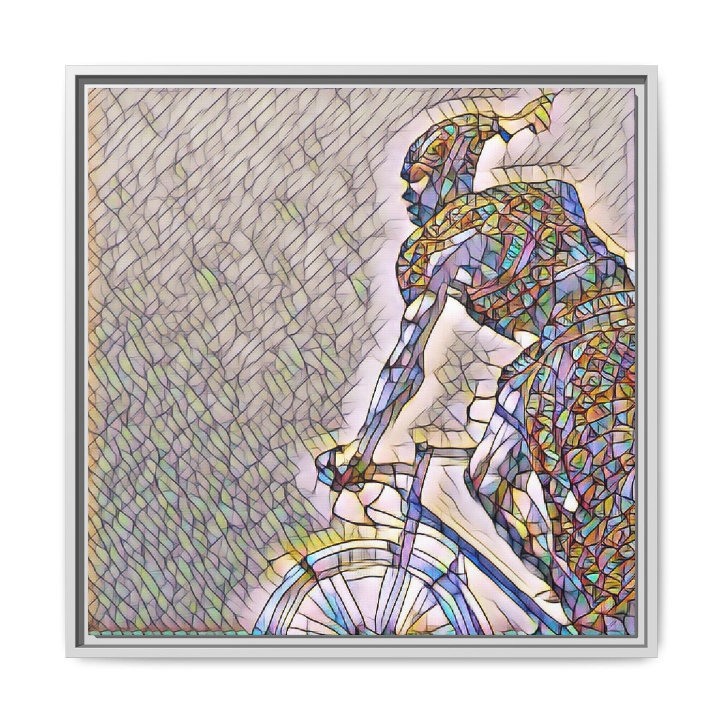Cyclist Mosaic Matte Canvas Print — Framed Multicolor Bike Art