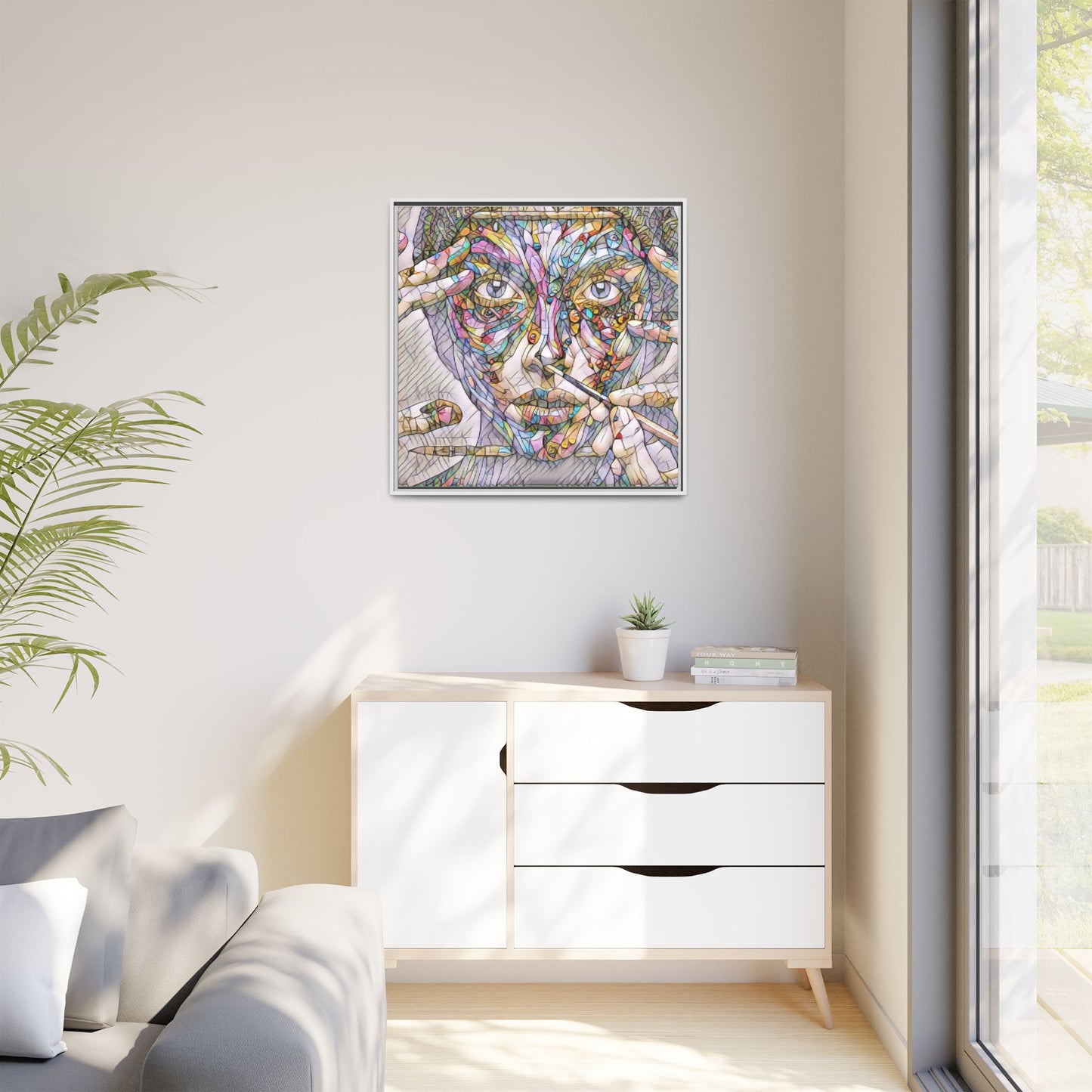 Framed Abstract Mosaic Face Canvas — Colorful Modern Wall Art