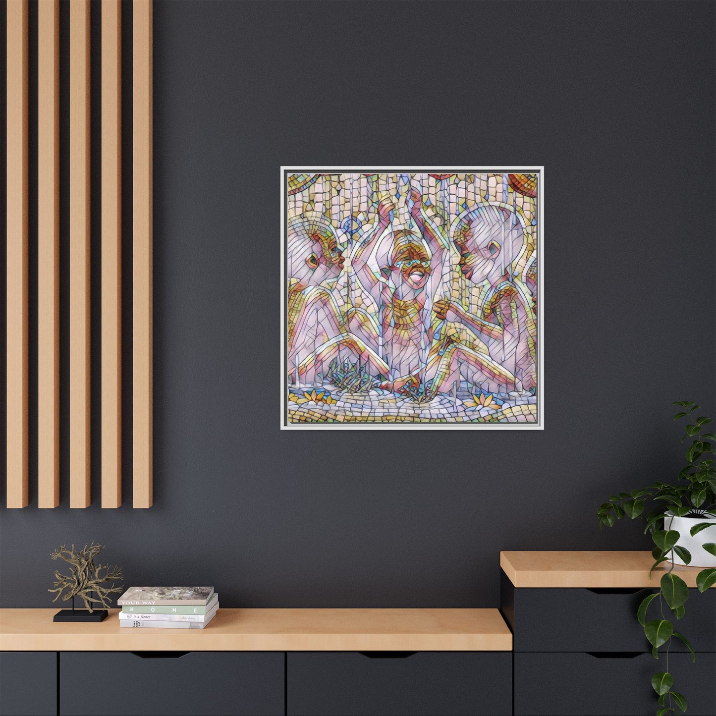 Framed Matte Canvas Art — Mosaic Children Playing (Multicolor)