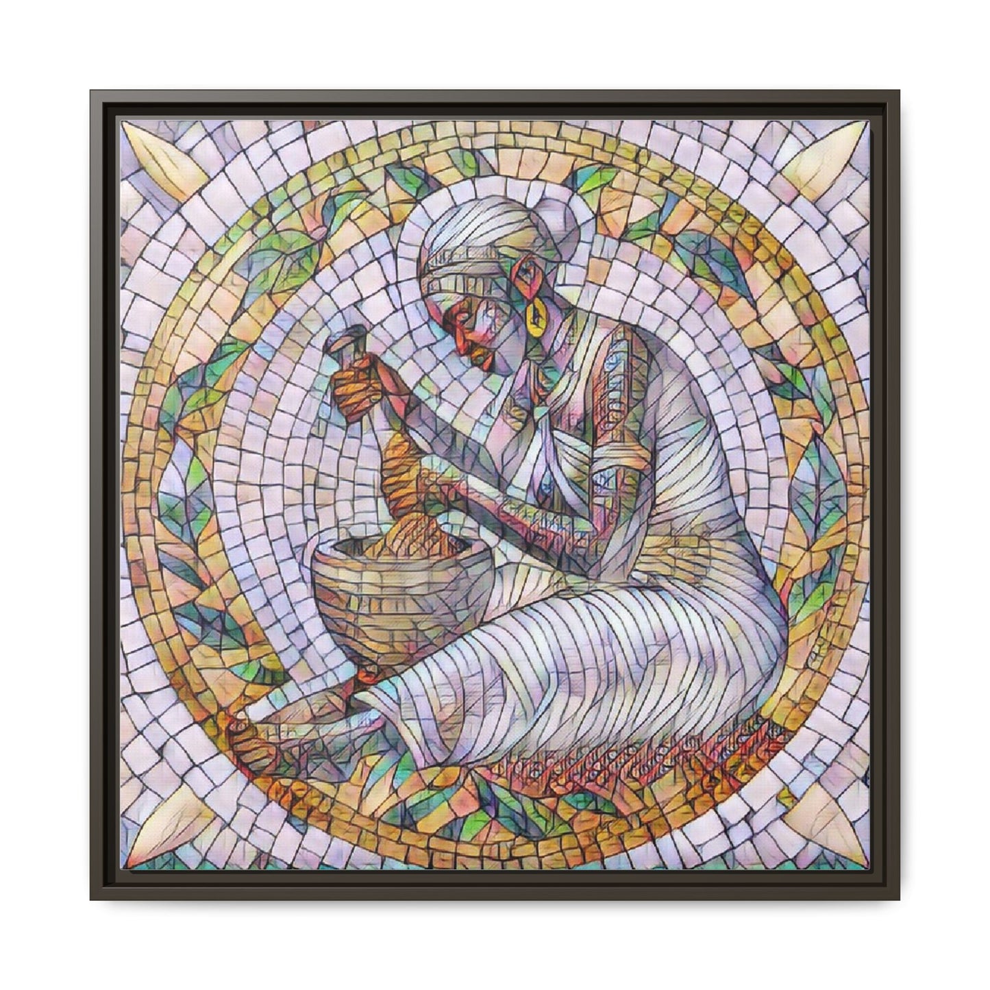 Framed Mosaic Art Print — Woman Grinding Grain (Matte Canvas)