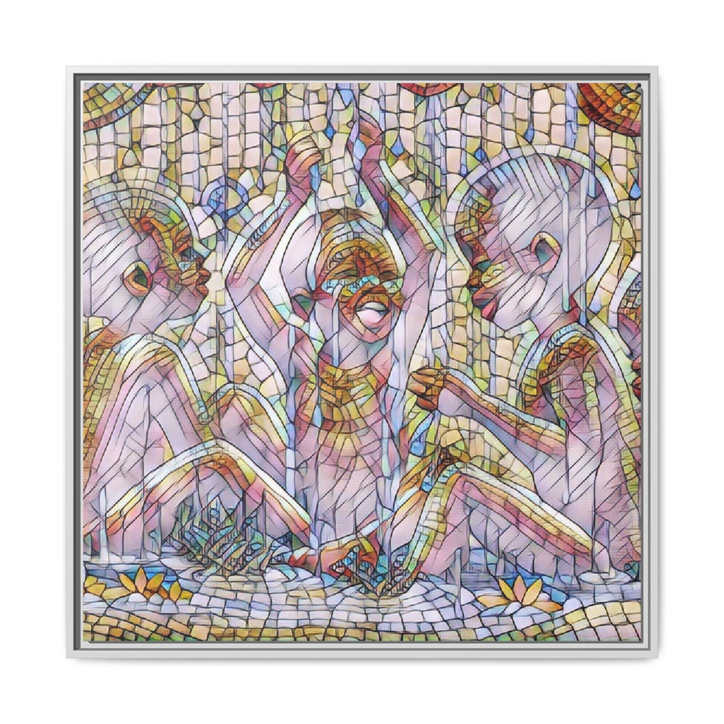 Framed Matte Canvas Art — Mosaic Children Playing (Multicolor)