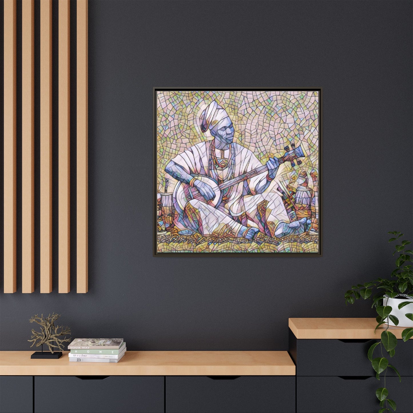 Framed Mosaic Musician Canvas Art — African Griot with Kora