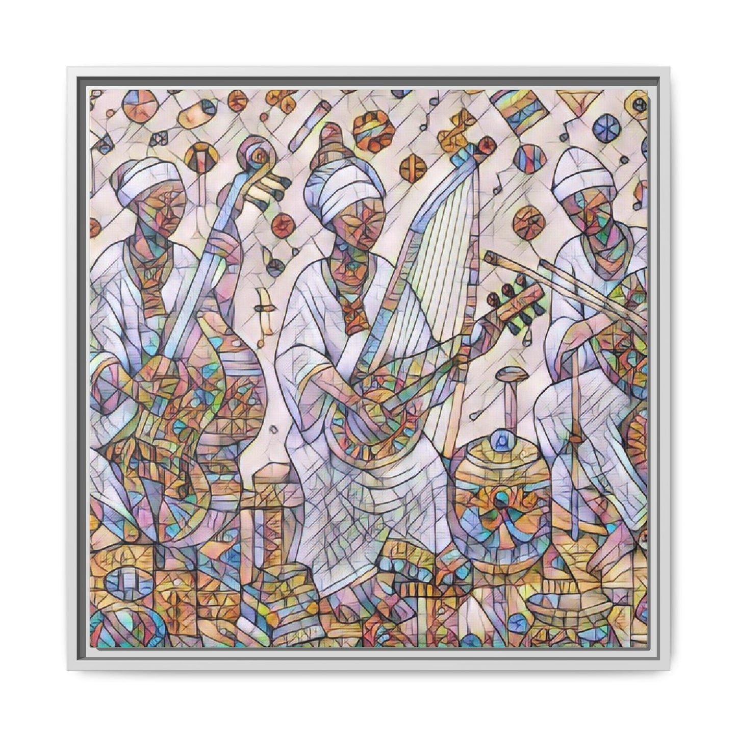 Framed Matte Canvas Print — Colorful African Musicians Stained-Glass Art