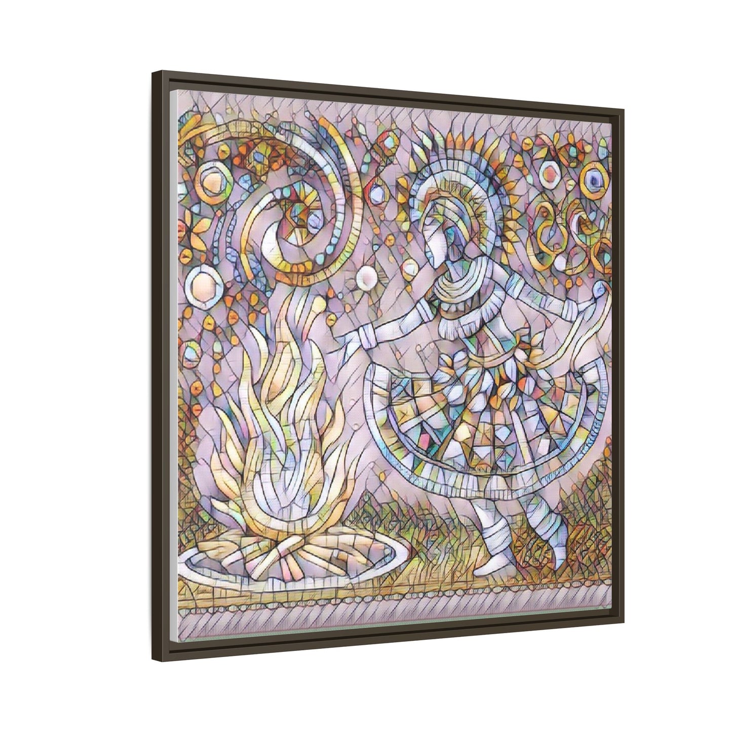 Bohemian Fire Dancer Framed Canvas Art — Colorful Folk Mosaic Wall Decor