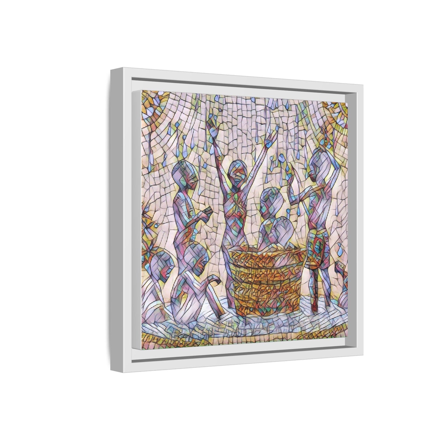 Framed Matte Canvas Art — Children Playing Mosaic Illustration