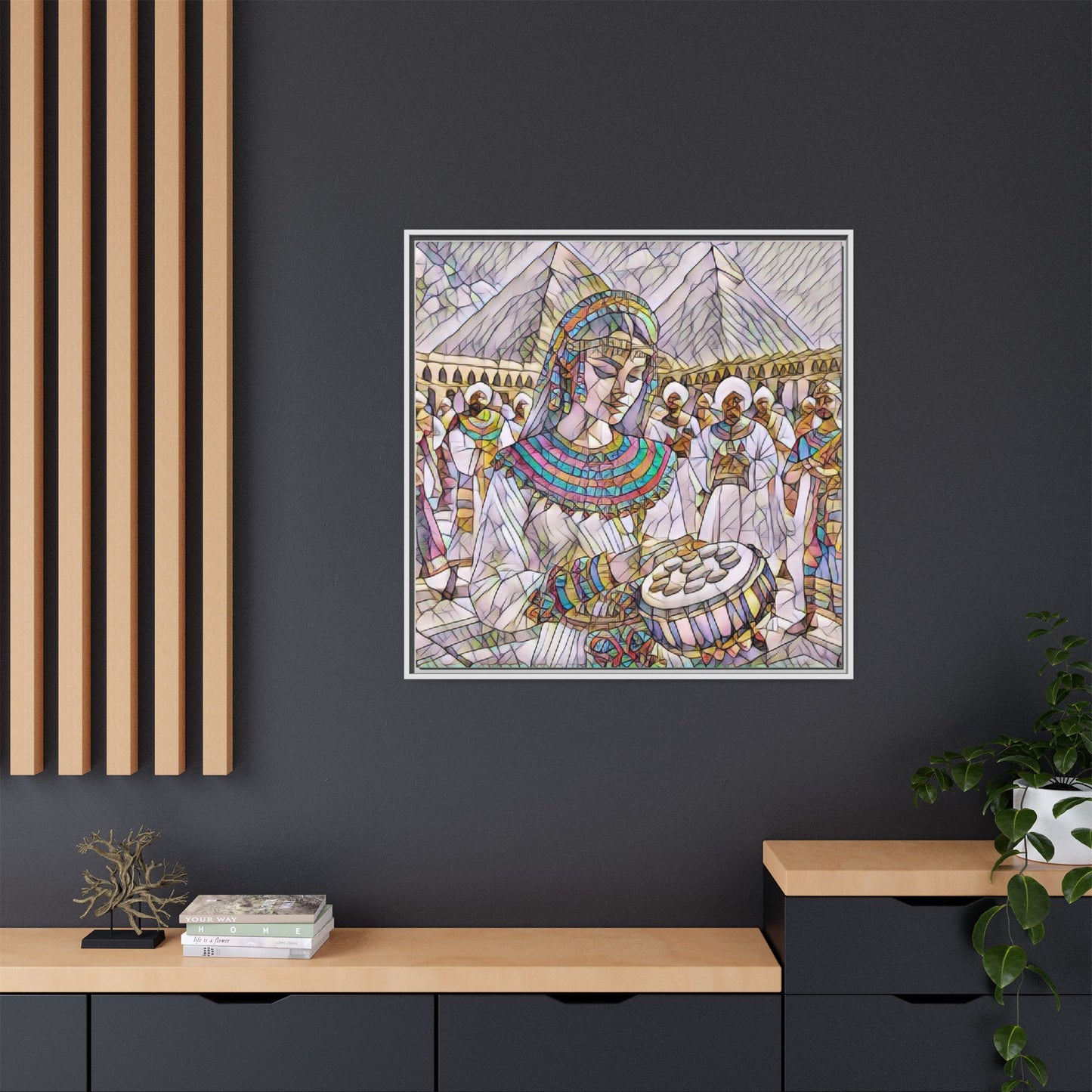 Egyptian Drum Player Framed Canvas Art — Colorful Ancient Scene Wall Decor