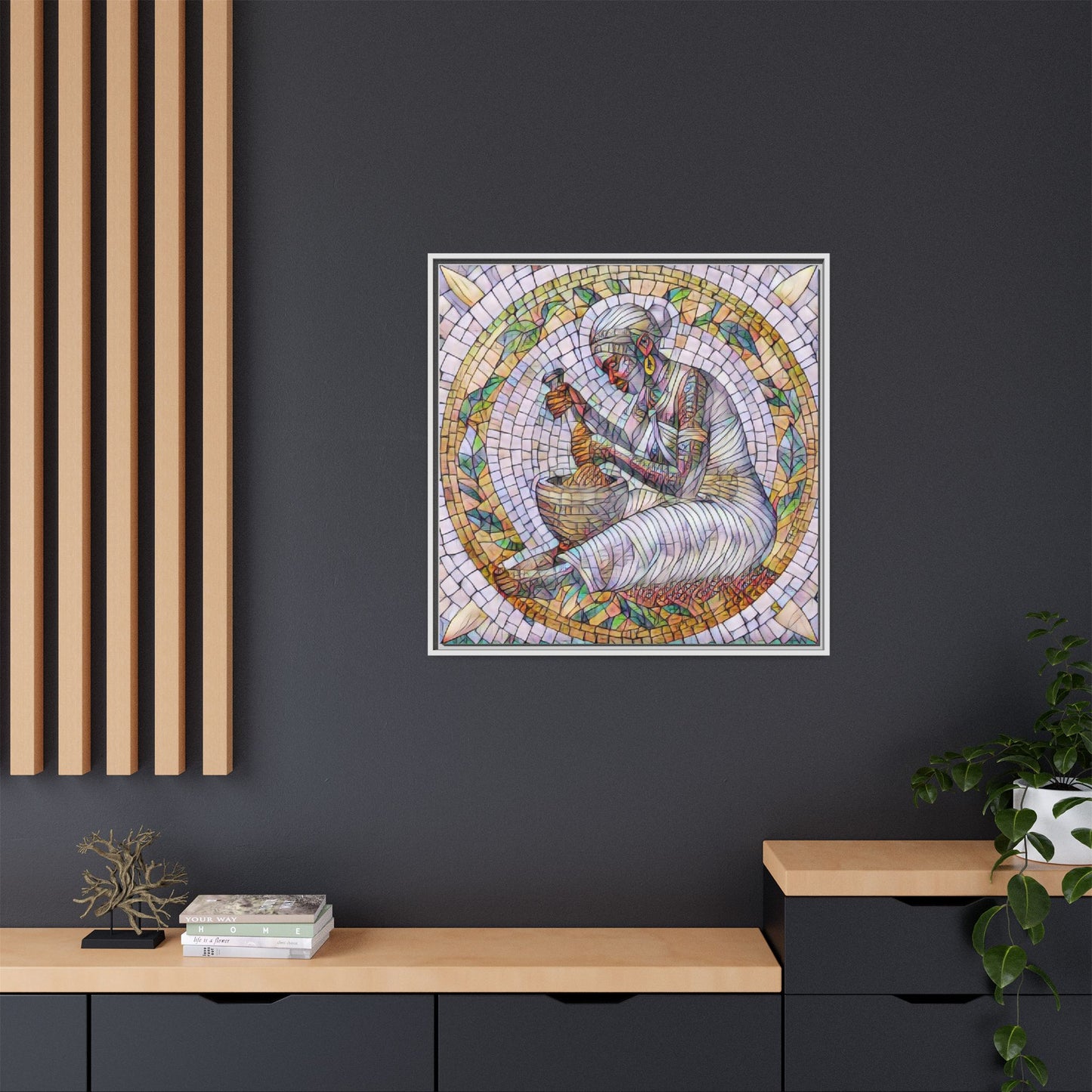 Framed Mosaic Art Print — Woman Grinding Grain (Matte Canvas)