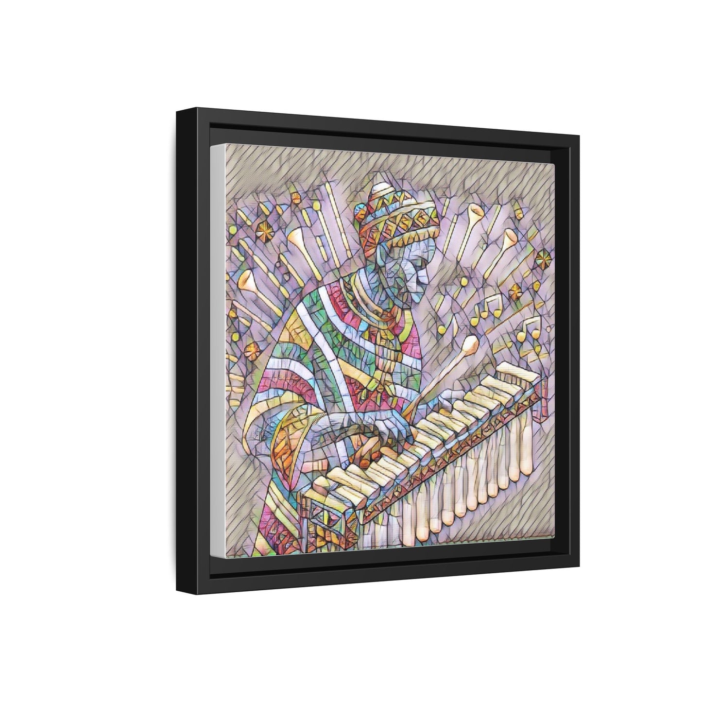 Colorful Marimba Musician Matte Framed Canvas — Vibrant African Instrument Wall Art