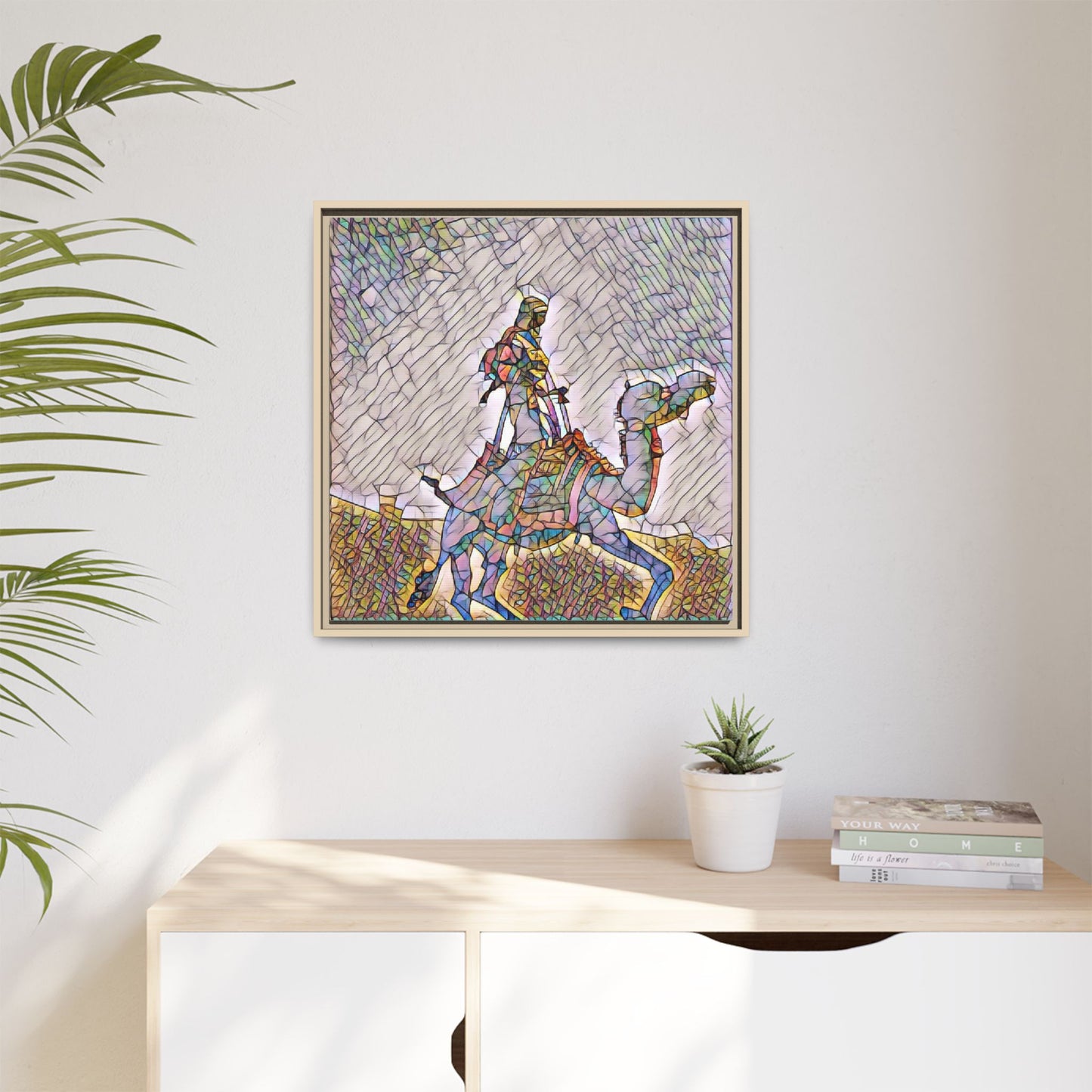 Framed Camel Rider Matte Canvas Art — Colorful Mosaic Desert Wall Decor