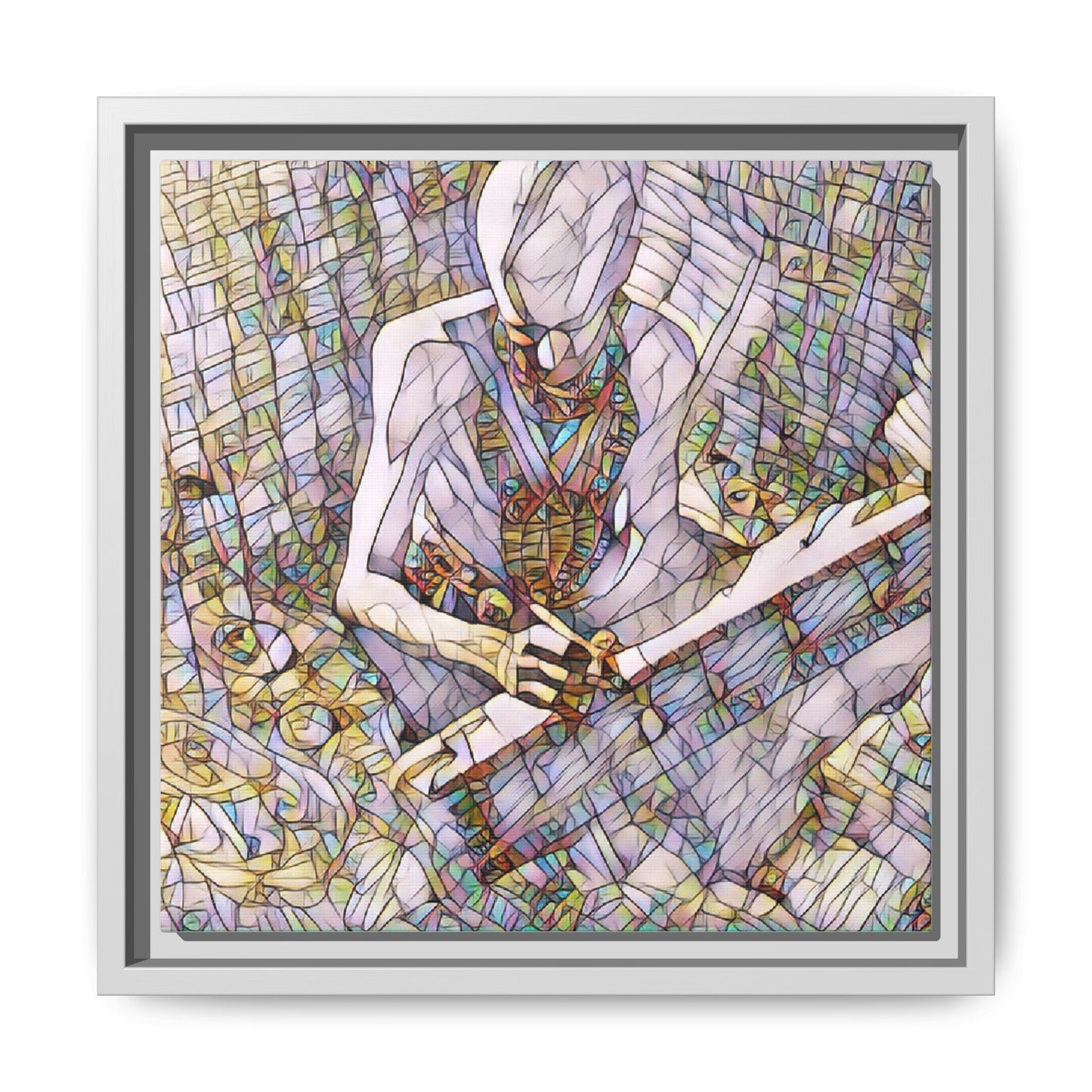 Abstract Fantasy Warrior Matte Framed Canvas — Colorful Stained-Glass Style Art