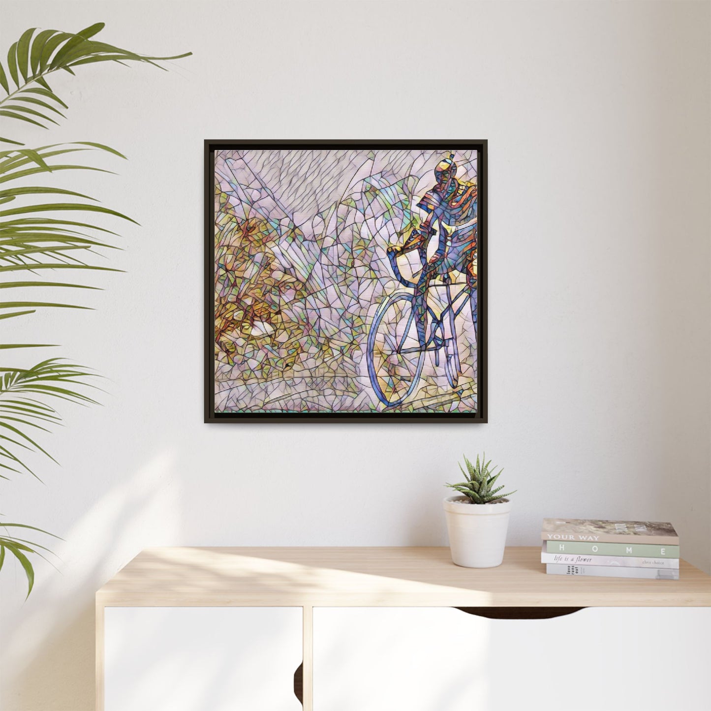 Colorful Cyclist Stained-Glass Art — Framed Matte Canvas