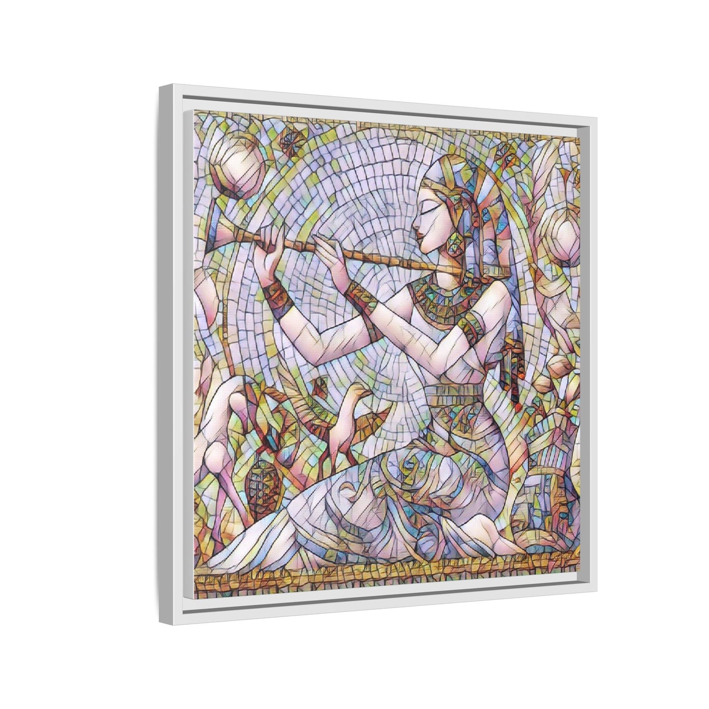 Egyptian Flute Player Framed Canvas Art — Colorful Mosaic Wall Decor