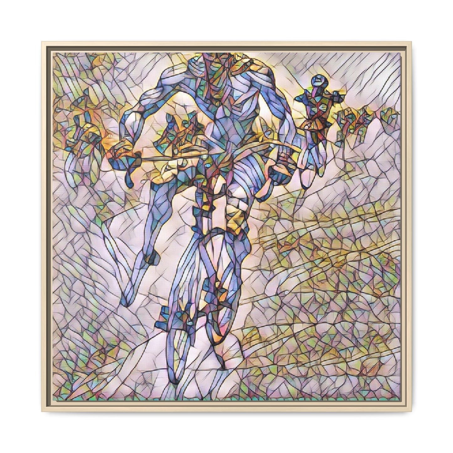 Abstract Cyclist Matte Canvas Framed Art — Colorful Stained-Glass Bike Print