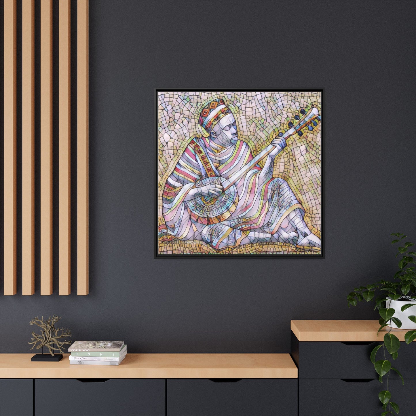 Framed Mosaic Musician Canvas – Colorful Bohemian Wall Art