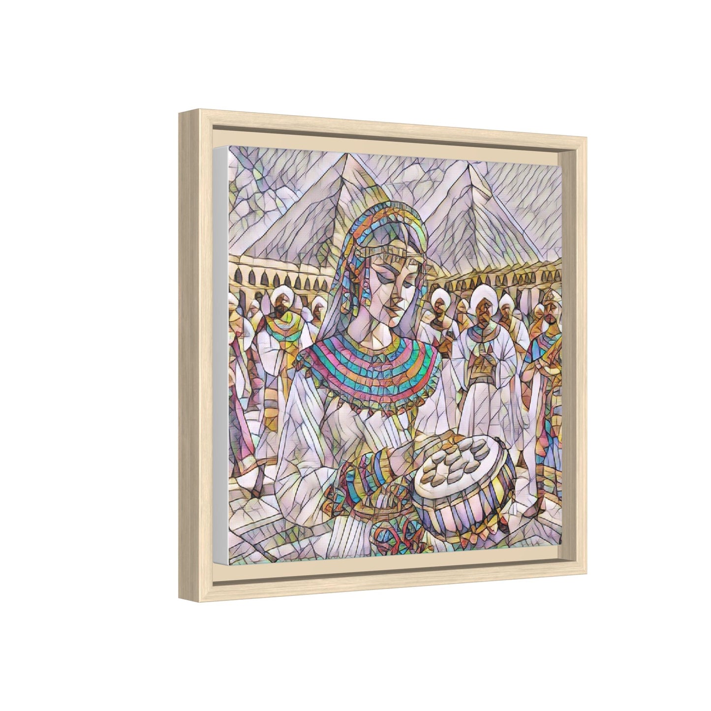 Egyptian Drum Player Framed Canvas Art — Colorful Ancient Scene Wall Decor