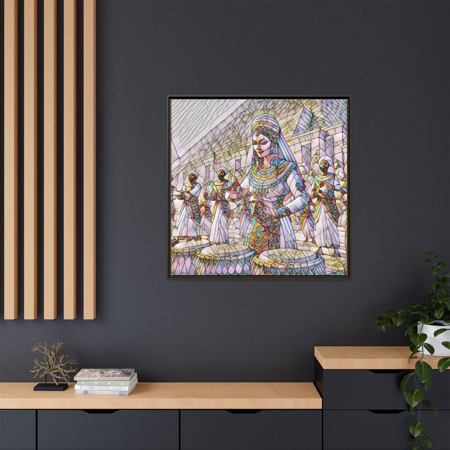 Egyptian Drummers Framed Canvas Art — Colorful Egyptian Dancer Wall Decor