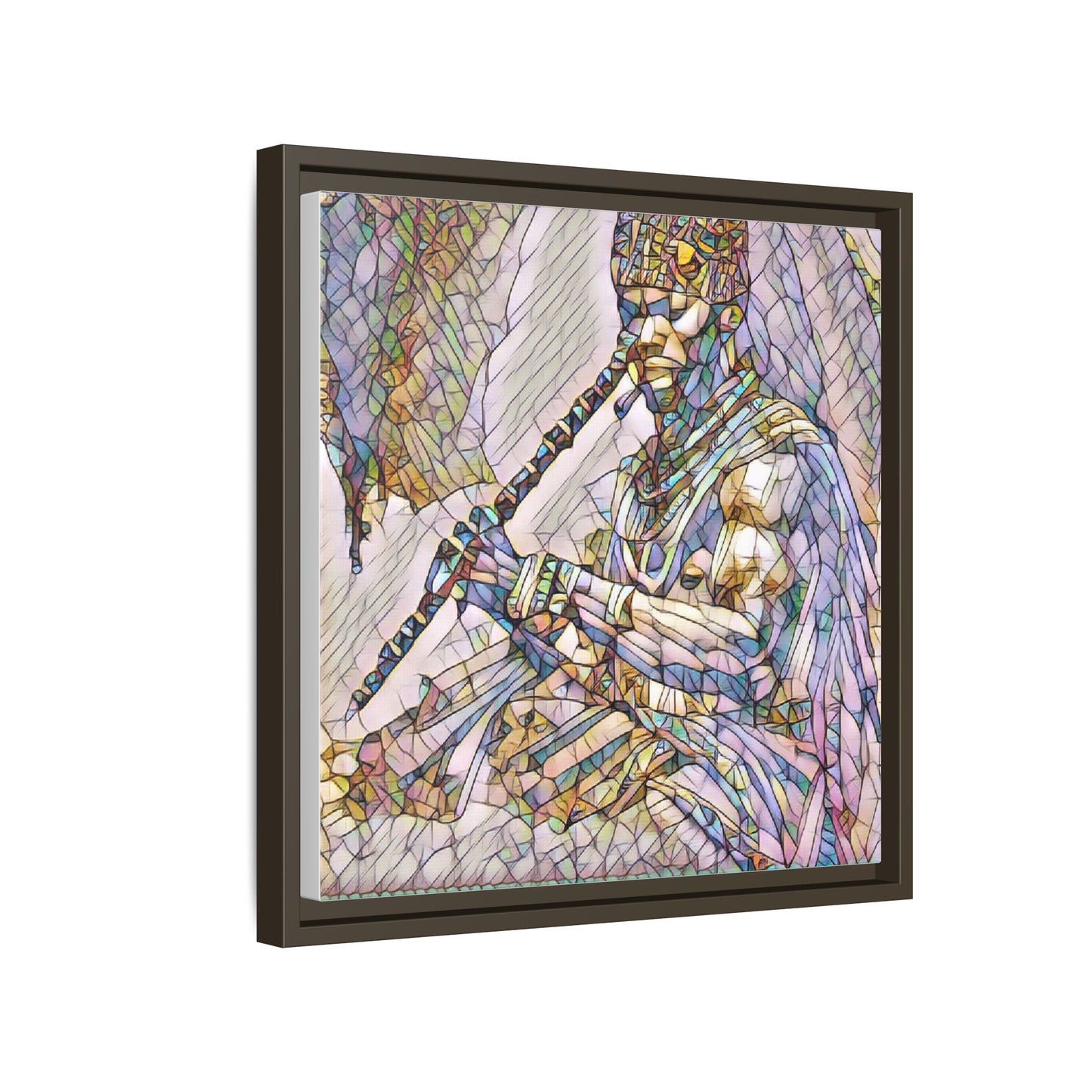 Tribal Flute Musician Stained-Glass Framed Canvas Art
