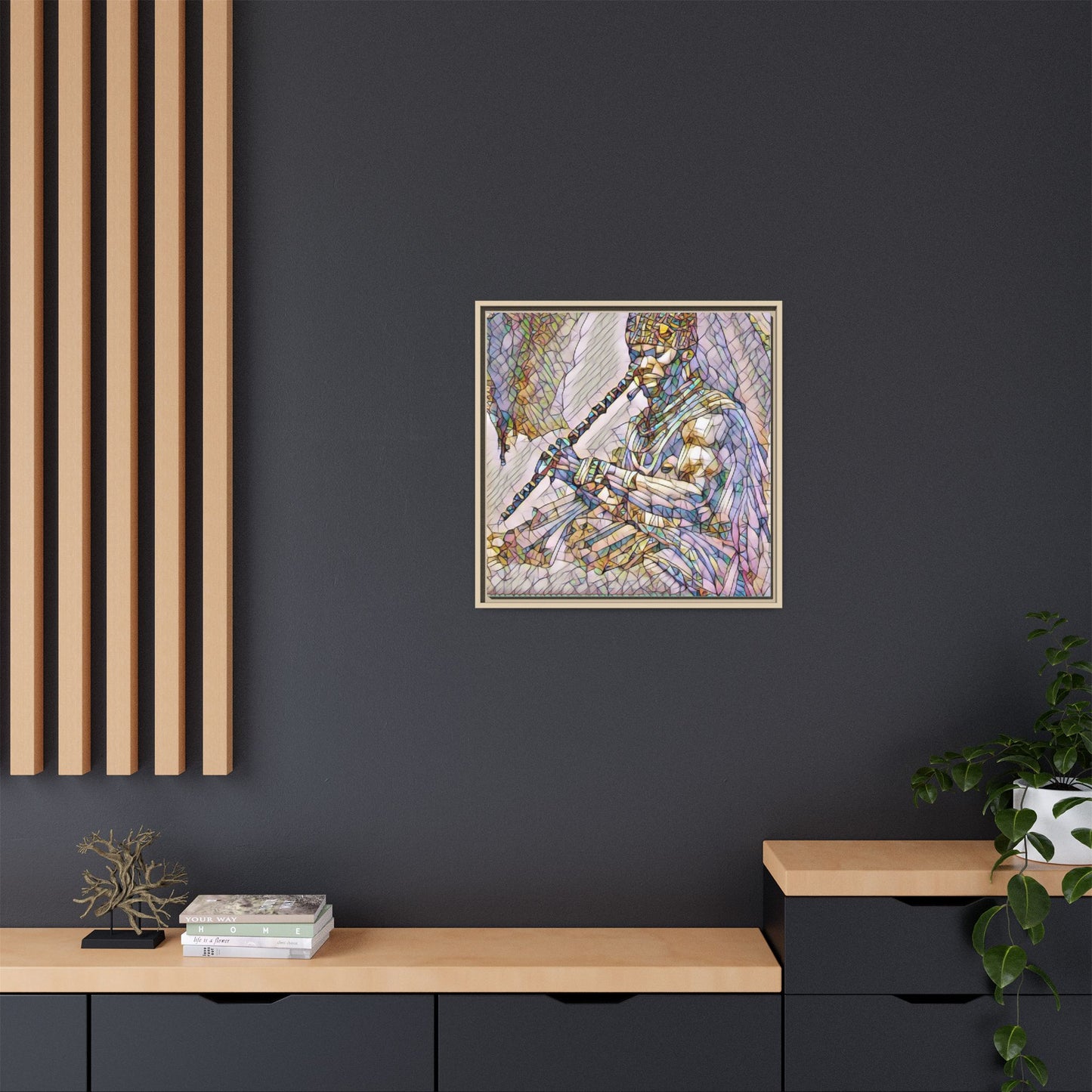 Tribal Flute Musician Stained-Glass Framed Canvas Art