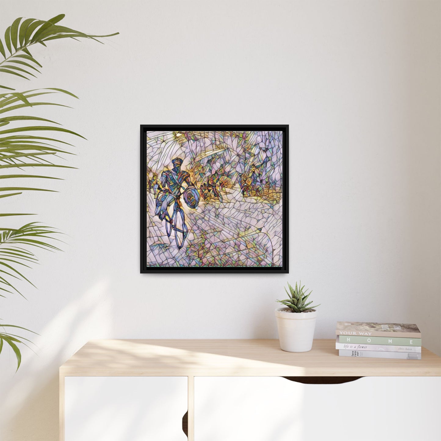Cyclist Mosaic Matte Canvas Framed Wall Art — Colorful Biking Scene