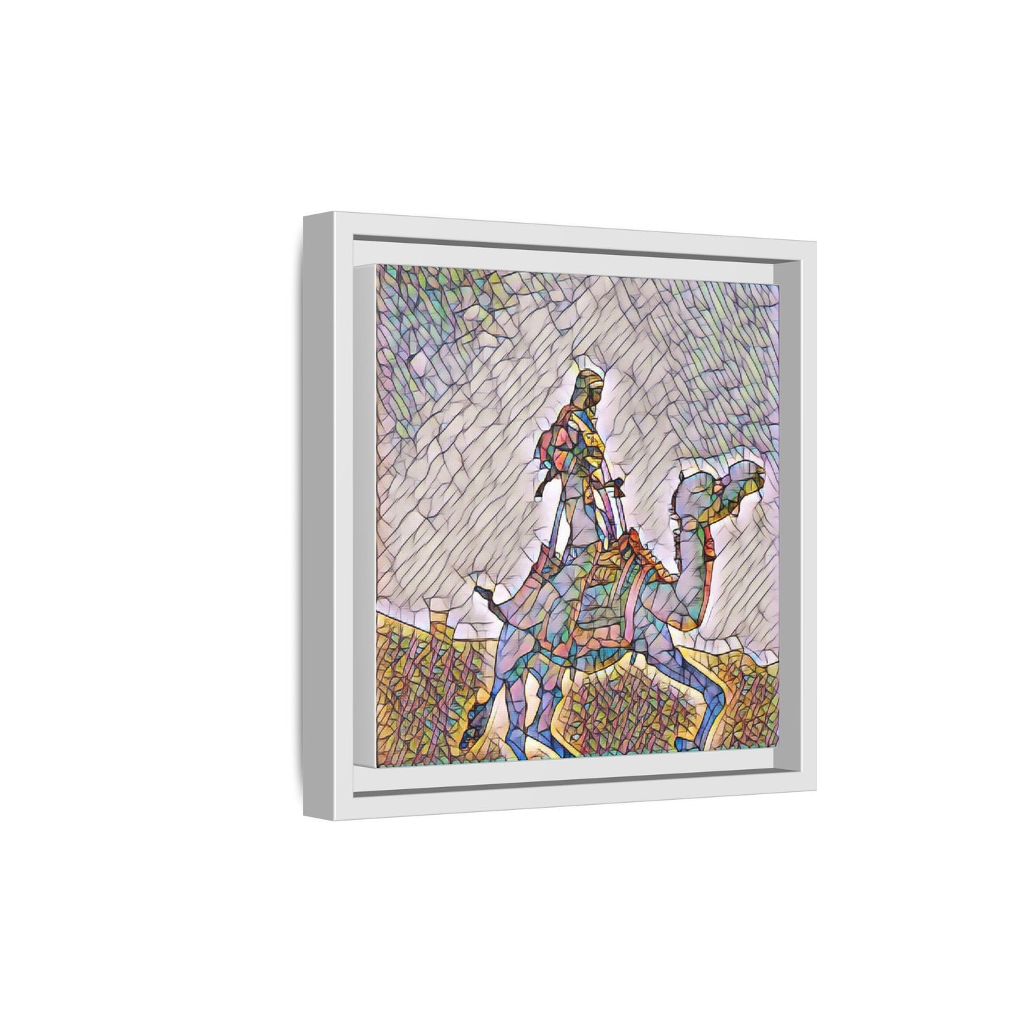 Framed Camel Rider Matte Canvas Art — Colorful Mosaic Desert Wall Decor