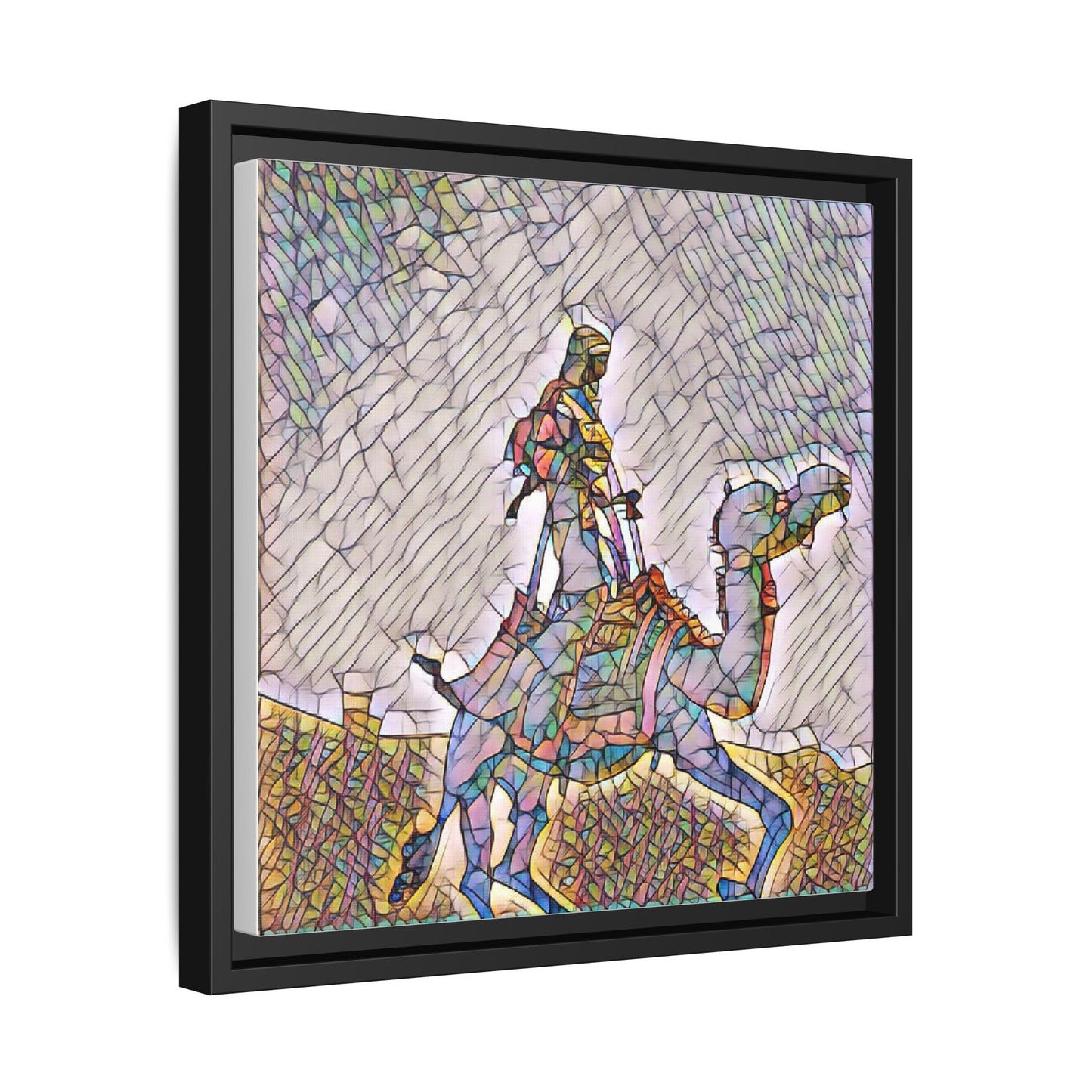 Framed Camel Rider Matte Canvas Art — Colorful Mosaic Desert Wall Decor
