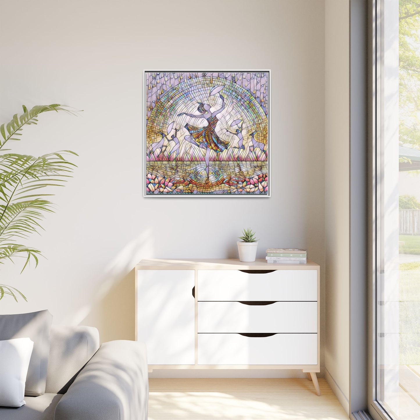 Stained Glass Ballerina Framed Canvas Art — Dancer Mosaic Wall Decor