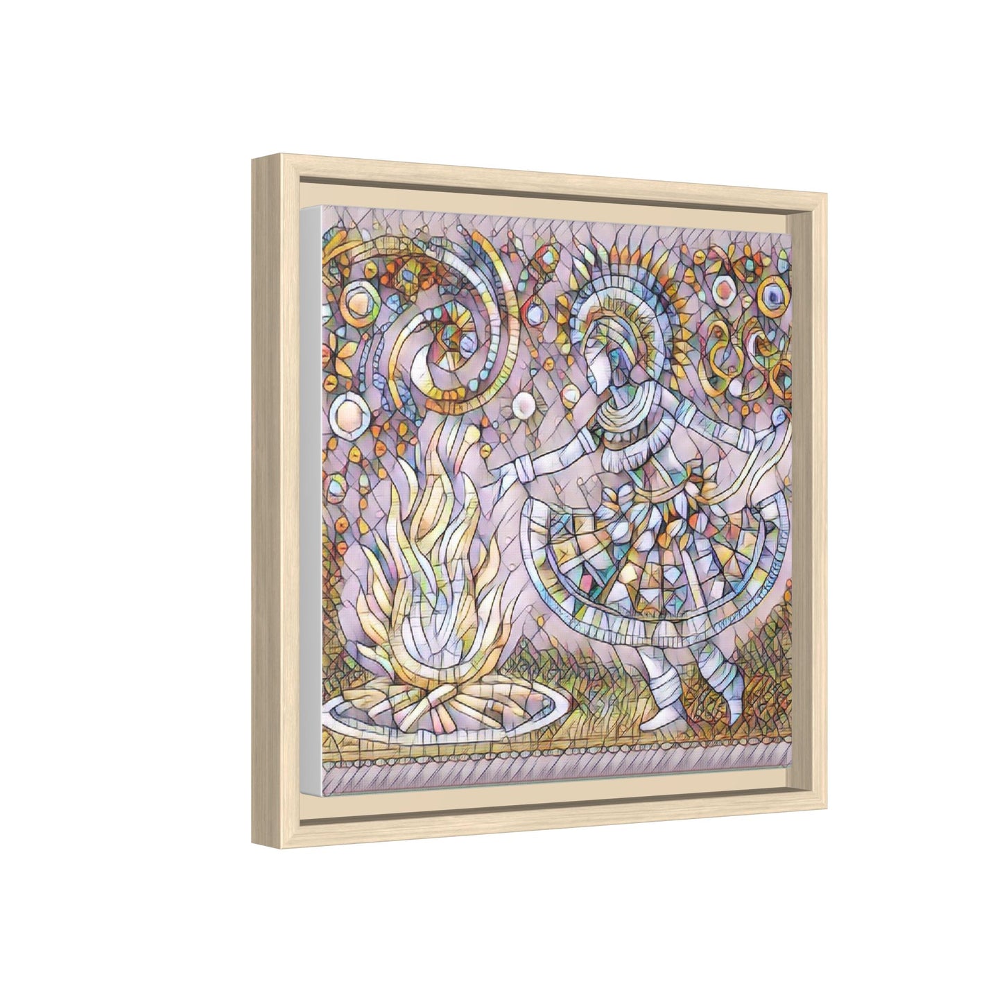 Bohemian Fire Dancer Framed Canvas Art — Colorful Folk Mosaic Wall Decor